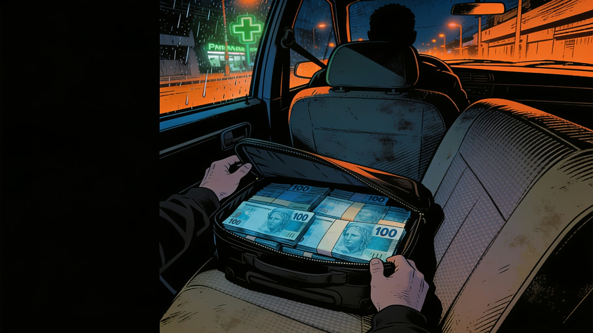 Mão abrindo uma mala cheia de notas de cem no banco de trás de um carro, à noite